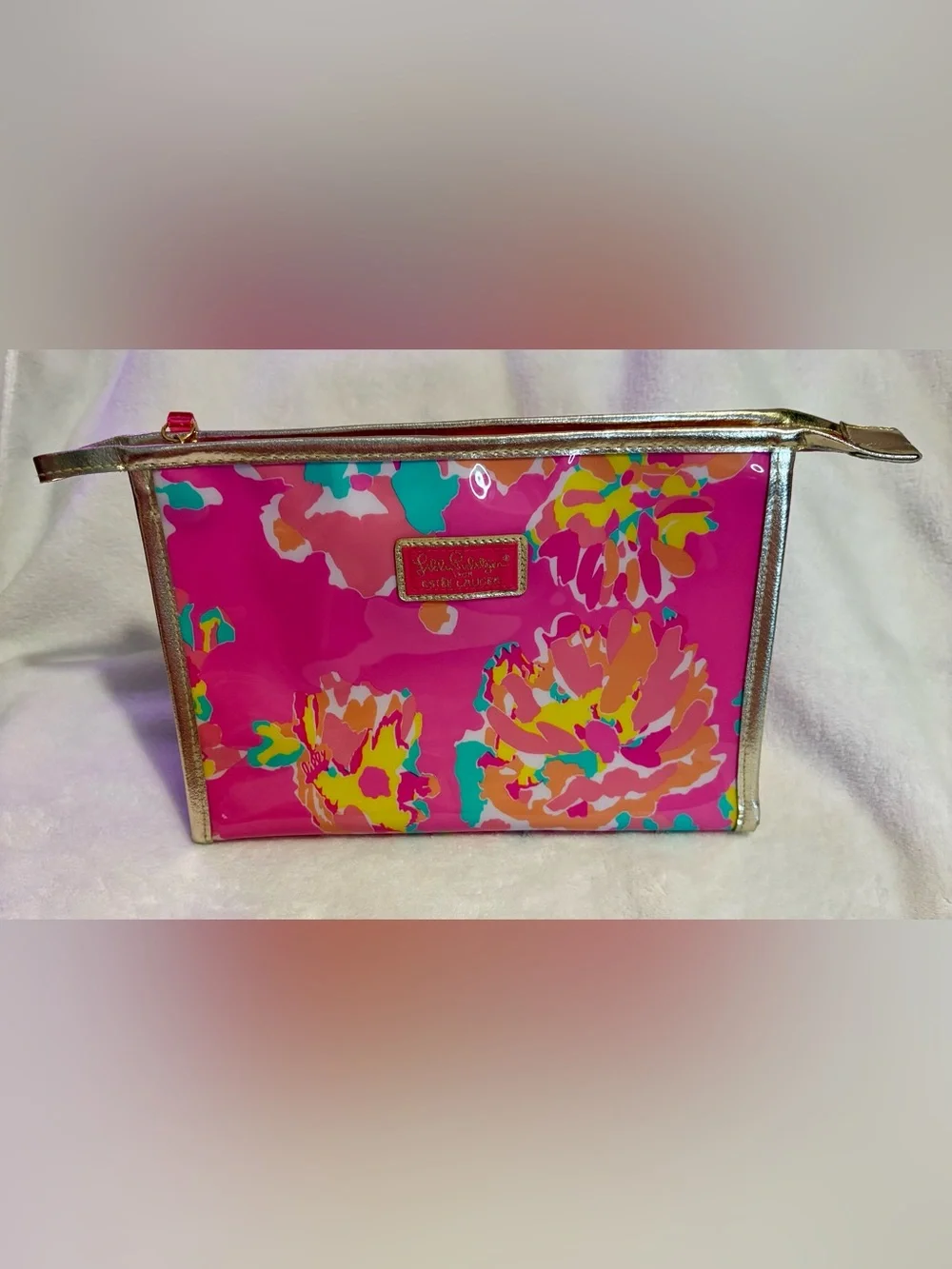 Estee Lauder/Lily Pulitzer Colab Bright Pink Floral Cosmetic Case with Gold Trim